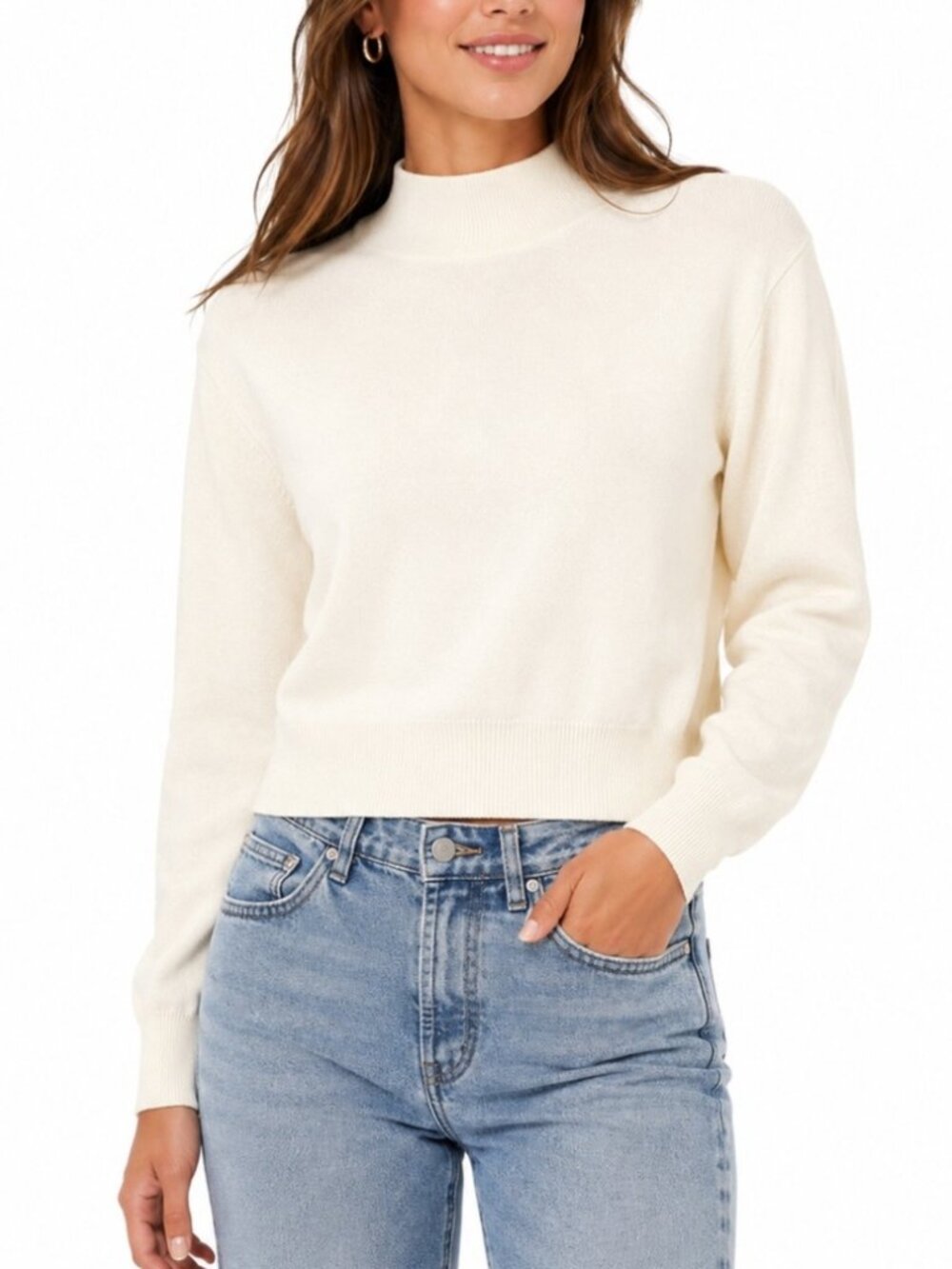 Favorite Daughter The Whitney Mock Neck Sweater Cream Ivory Cropped Knit M NWT